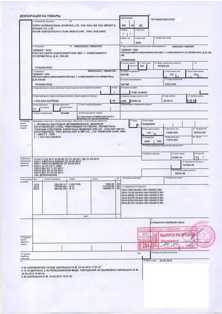 Пример грузовой таможенной декларации